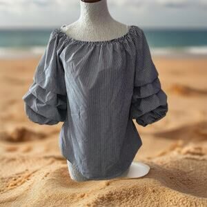 Kontrol contemporary striped blouse L puff sleeve black white off shoulder